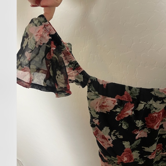 Maxi Floral Slit Puff Off Shoulder Sleeve Cottage Party Classy Elegant Hip Dress - Picture 2 of 7